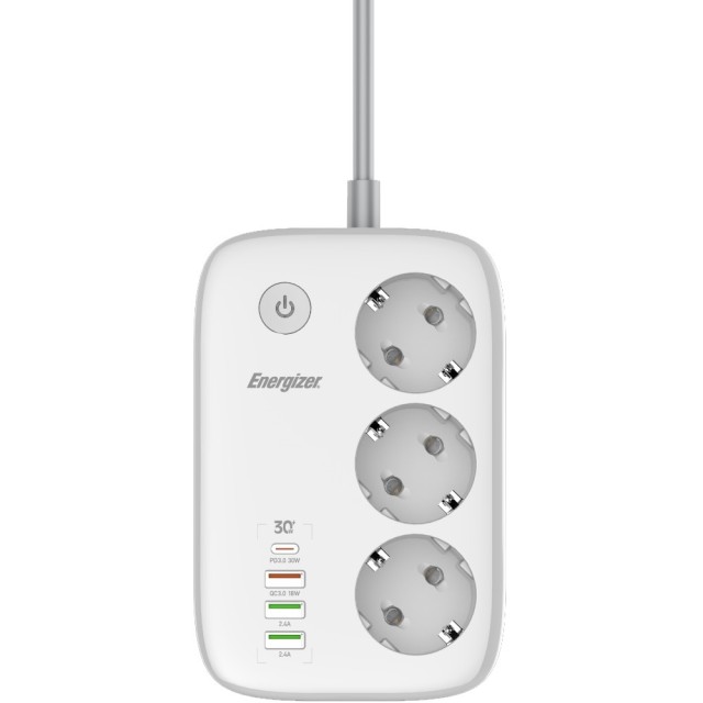 Επιτραπέζιος Φορτιστής Energizer EPB2500W02EU 2500W 10A Max με 3xΣούκο + 1xUSB-C + 3xUSB-A / 2.4A, Διακόπτη Ασφαλείας On/Off, Έλεγχο μέσω WiFi, Καλώδιο 2m Λευκός