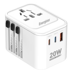 Παγκόσμιος Φορτιστής Ταξιδίου Energizer ETC200 US/AU UK EU με 1xUSB-A 18W και 2xUSB-C 20W/12W Λευκός
