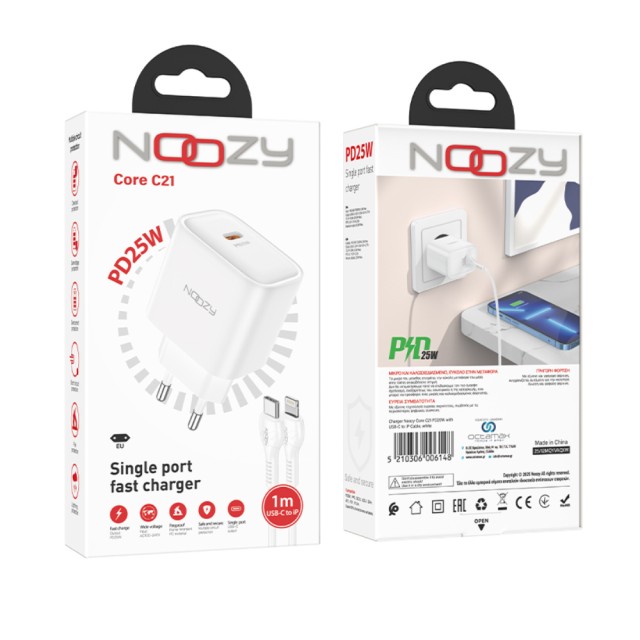 Φορτιστής Ταξιδίου Noozy C21 Core PD25W με Καλώδιο USB-C σε Lightning 1m Λευκός