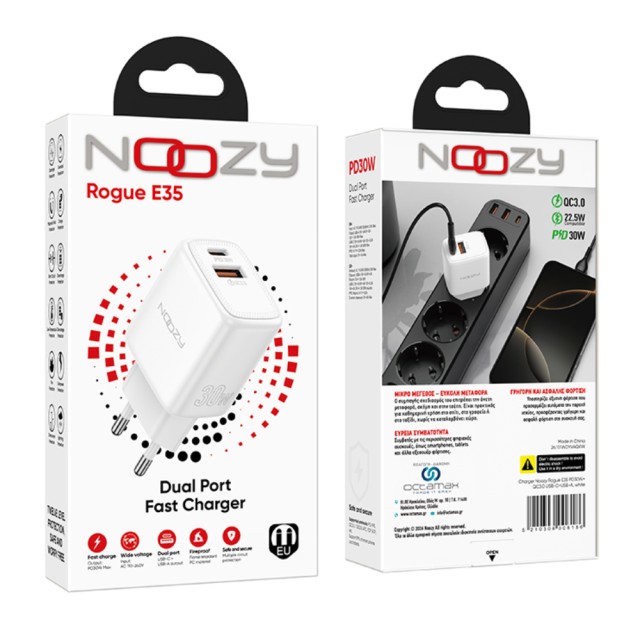 Φορτιστής Ταξιδίου Noozy Rogue E35 PD30W+QC3.0 USB-C Max PD 30W USB-A Max 18W Λευκό Φορτιστής Ταξιδίου Noozy Rogue E35 PD30W+QC3.0 USB-C Max PD 30W USB-A Max 18W Λευκό
