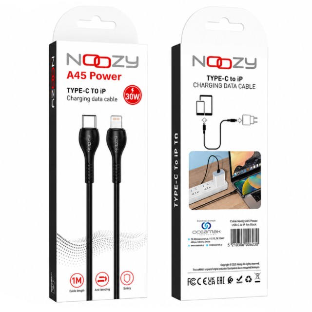 Καλώδιο Σύνδεσης και Φόρτισης Noozy A45 Power USB-C σε Lightning Fast Charging 30W Μαύρο 1m