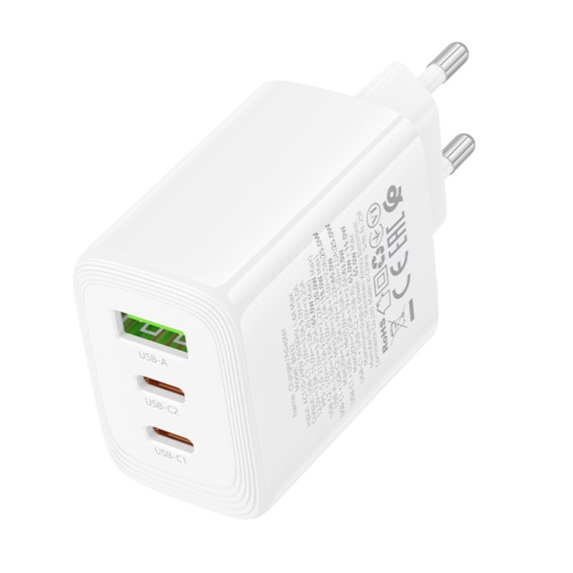 Φορτιστής Ταξιδίου Borofone BN32 Cargador GaN με 1xUSB-C PD65W και 1xUSB-A QC PD18W Λευκός