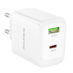 Φορτιστής Ταξιδίου Borofone BN30 Cargador GaN με 1xUSB-C PD45W και 1xUSB-A QC PD18W Λευκός