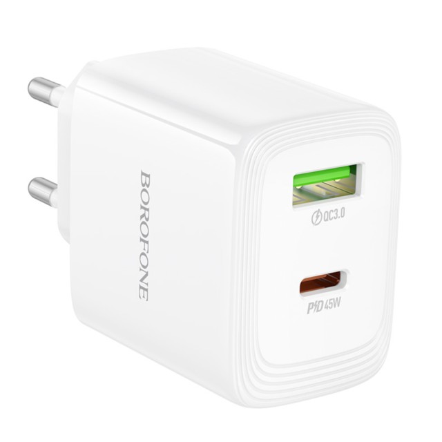 Φορτιστής Ταξιδίου Borofone BN30 Cargador GaN με 1xUSB-C PD45W και 1xUSB-A QC PD18W Λευκός