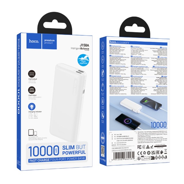 Power Bank Hoco J158A Runner 10000mAh Fast Charge 5V/2A Slim με 2xUSB-A 1xUSB-C 1xMicro USB και LED Ένδειξη Μπαταρίας Λευκό
