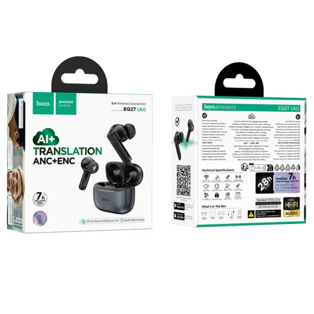 Wireless Hands Free Hoco EQ27 Fun ANC+ENC v5.4 320mAh 7 Ώρες Λειτουργίας και AI Μετάφραση σε 134 Γλώσσες Μαύρα