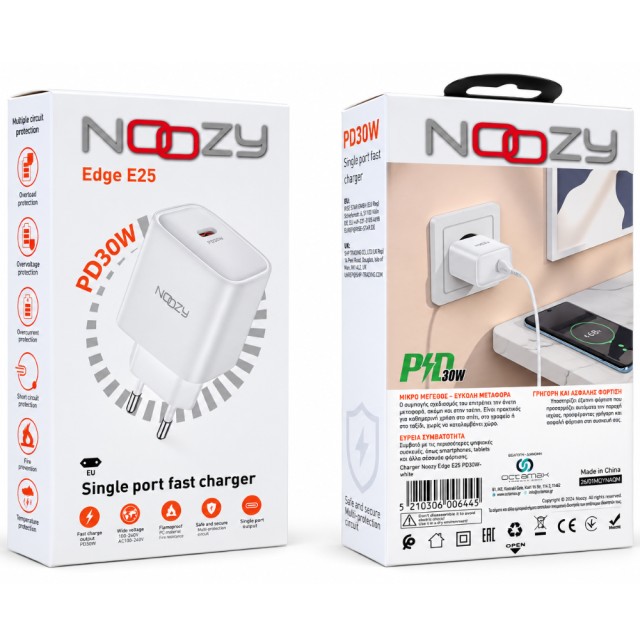 Φορτιστής Ταξιδίου Noozy Edge E25 1xUSB-C PD30W Λευκός