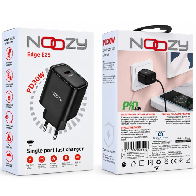 Φορτιστής Ταξιδίου Noozy Edge E25 1xUSB-C PD30W Μαύρος