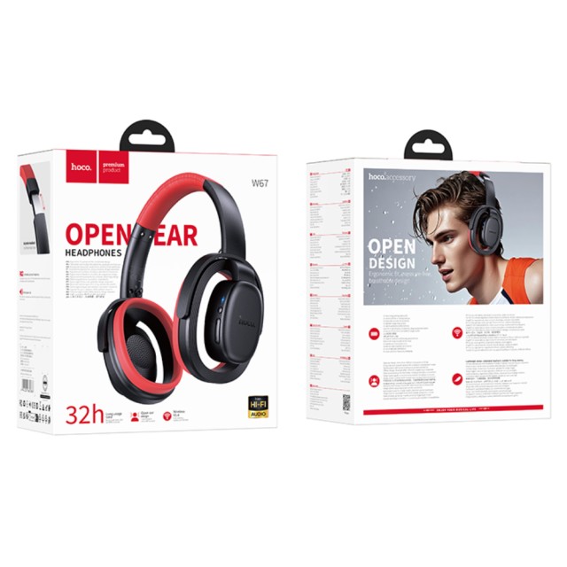 Wireless Ακουστικά Stereo Hoco W67 Rhyme Open Ear v5.4 300mAh 32hr Χρήσης με Μικρόφωνο Μαύρα Κόκκινα