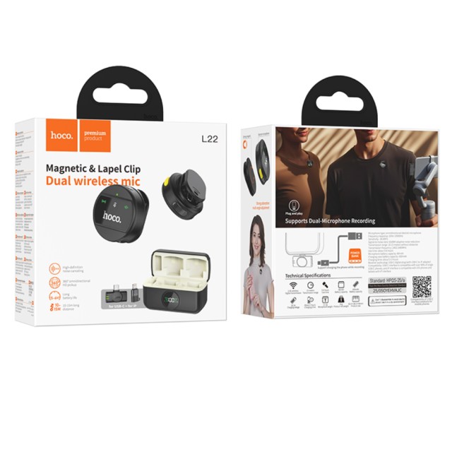 Σετ Μικρόφωνα Πέτου Hoco L22 Bright Μαγνητικό με Αμφίδρομο Μικρόφωνο 80mAh 6hr Χρήσης και Θήκη Φόρτισης Μαύρο