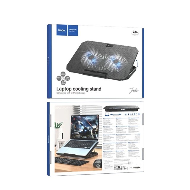 Laptop Cooler Hoco GA4 Jade Μαύρο με 2 Ανεμιστηράκια 7 Επιπέδων Έντασης και Φωτισμό για Φορητούς Υπολογιστές έως 17"