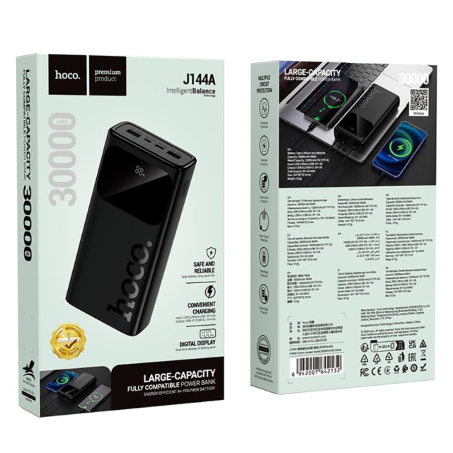 Power Bank Hoco J144A 30000mAh 1xUSB-C 1xMicro USB 2xUSB-A 5V/2A και LED Ένδειξη Μπαταρίας Μαύρο