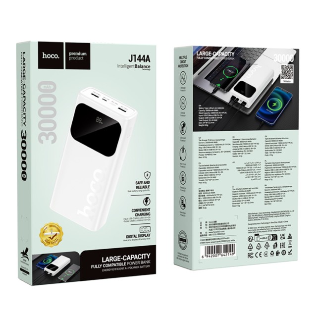 Power Bank Hoco J144A 30000mAh 1xUSB-C 1xMicro USB 2xUSB-A 5V/2A και LED Ένδειξη Μπαταρίας Λευκό