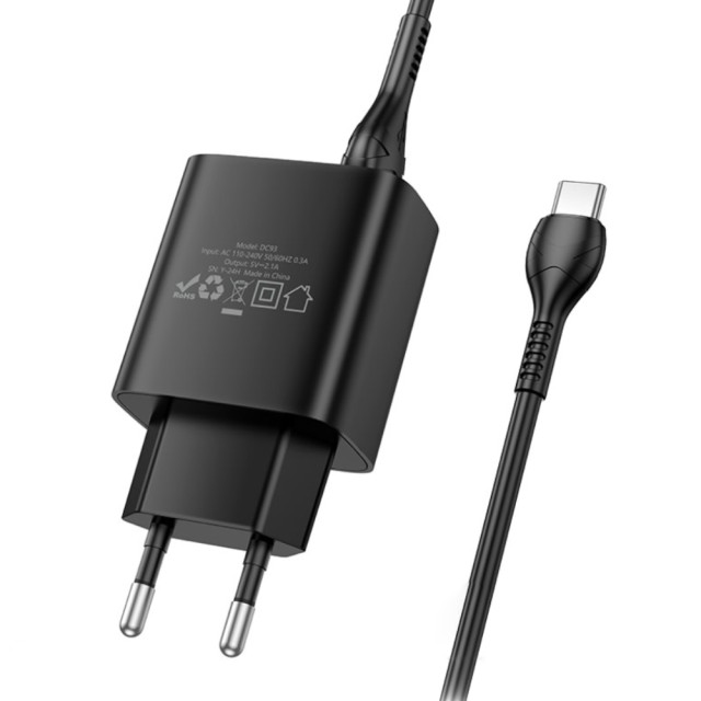 Φορτιστής Ταξιδίου Hoco DC93 1xUSB-A 5V 2.1A με Καλώδιο USB-A σε USB-C Μαύρο