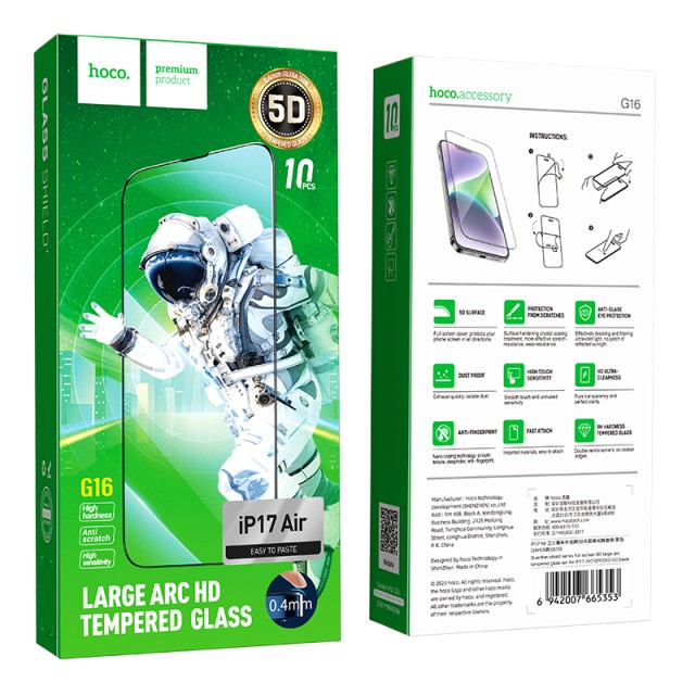 Tempered Glass Hoco Guardian Shield Series G16 Full Screen HD 5D Large Arc 0.4mm για Apple iPhone Air Σετ 10 τεμ.