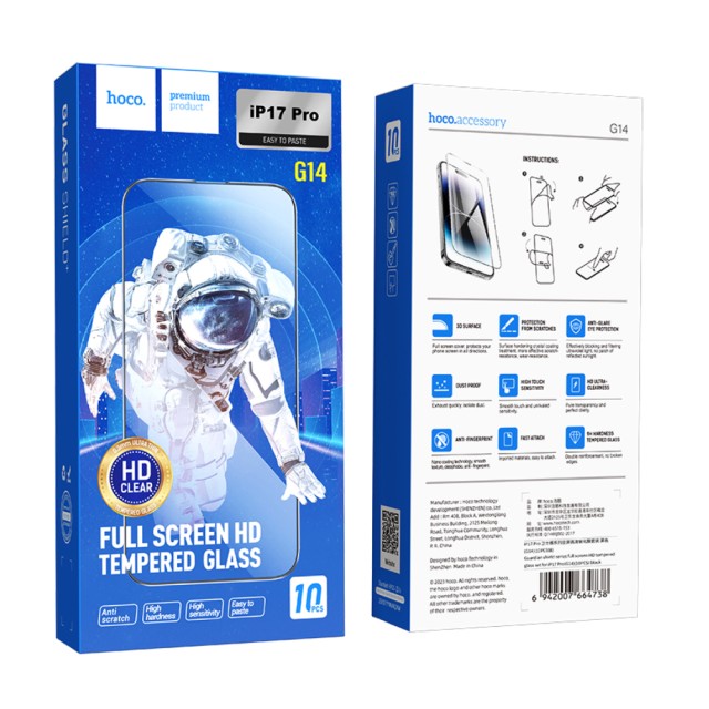 Tempered Glass Hoco Premium Series G14 0.33mm HD Full Screen Large Arc Edges Protection HD 3D για Apple iPhone 17 Pro Σετ 10 τεμ.