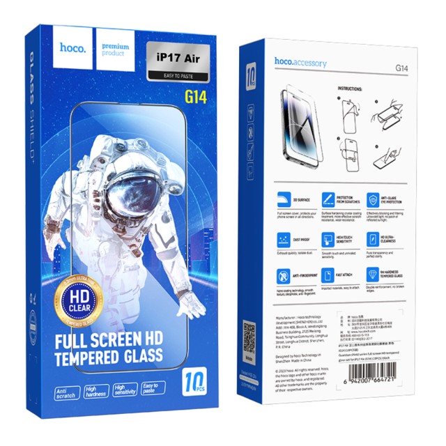 Tempered Glass Hoco Premium Series G14 0.33mm HD Full Screen Large Arc Edges Protection HD 3D για Apple iPhone Air Σετ 10 τεμ.