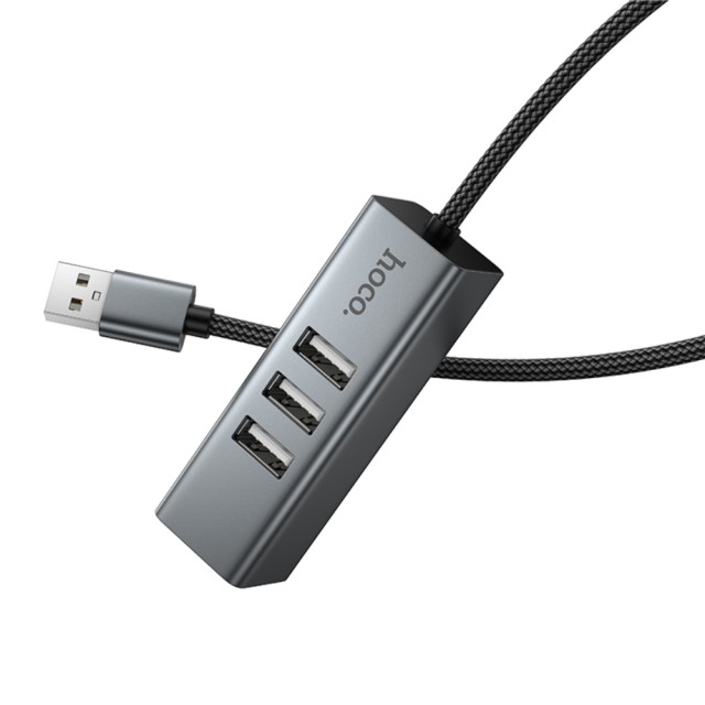 USB Hub Hoco HB1D 4-in-1 USB-A σε 3xUSB-A 2.0 + RJ45 εως 480Mbps Aluminum Alloy Γκρι