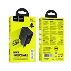 Φορτιστής Ταξιδίου Hoco N75 Grande GaN 65W High Power Fast Charge με 2xUSB-C και 1xUSB-A  Μαύρος