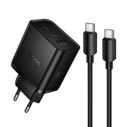 Φορτιστής Ταξιδίου Hoco N75 Grande GaN 65W High Power Fast Charge με 2xUSB-C 1xUSB-A και Καλώδιο USB-C σε USB-C 60W Μαύρος