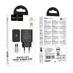 Φορτιστής Ταξιδίου Hoco N77 Star GaN 45W Fast Charge με 1xUSB-C με Καλώδιο USB-C σε USB-C 60W Μαύρος