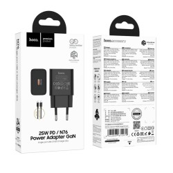 Φορτιστής Ταξιδίου Hoco N76 Star GaN 25W Fast Charge με 1xUSB-C και Καλώδιο USB-C σε USB-C Μαύρος