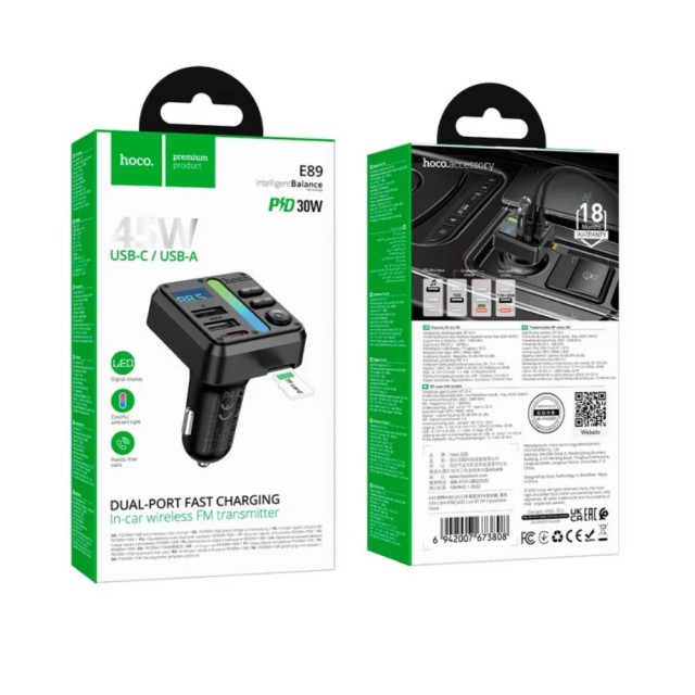 Bluetooth FM Transmitter Hoco E89 Libre 45W με 2xUSB-A και 1xUSB-C PD30W BT v5.4 Υποστηρίζει Αναπαραγωγή Μουσικής απο USB ή Κάρτα SD και Απάντηση Κλήσεων