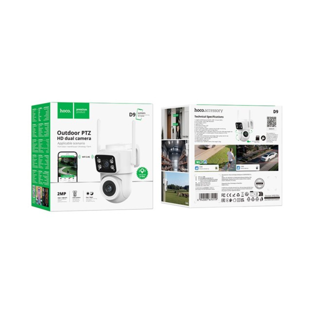 Wi-Fi Κάμερα Ασφαλείας Hoco D9 Outdoor PTZ Full HD Dual Camera με IR-CUT για Καταγραφή με ή Χωρίς Φωτισμό TF Κάρτα εως 128Gb