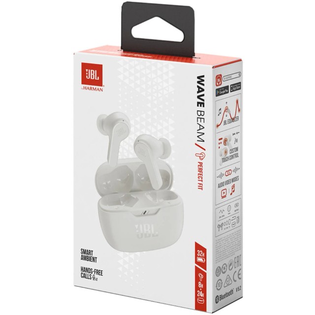Wireless Hands Free JBL Wave Beam Buds με TalkThru έως 32 Ώρες Λειτουργίας IP54 και Θήκη Φόρτισης Λευκά