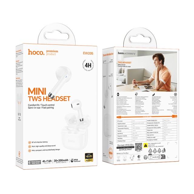 Wireless Hands Free Hoco EW205 Peaceful TWS Hi-Fi Audio Deep Bass v6.0 200mAh 4  Ώρες Ομιλίας και Θήκη Φόρτισης Λευκά