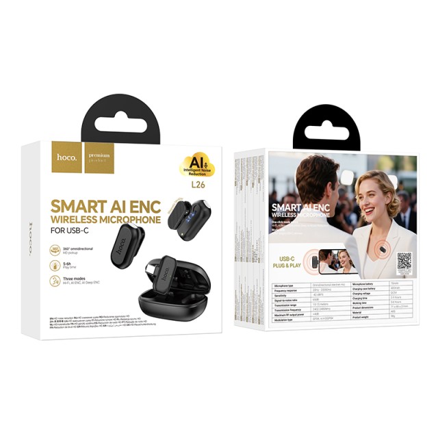 Σετ 2 Μικρόφωνα Πέτου Lavalier Ασύρματα Hoco L26 USB-C με AI Smart Μείωση Θορύβου 400mAh 6hrs Χρήσης Μαύρα