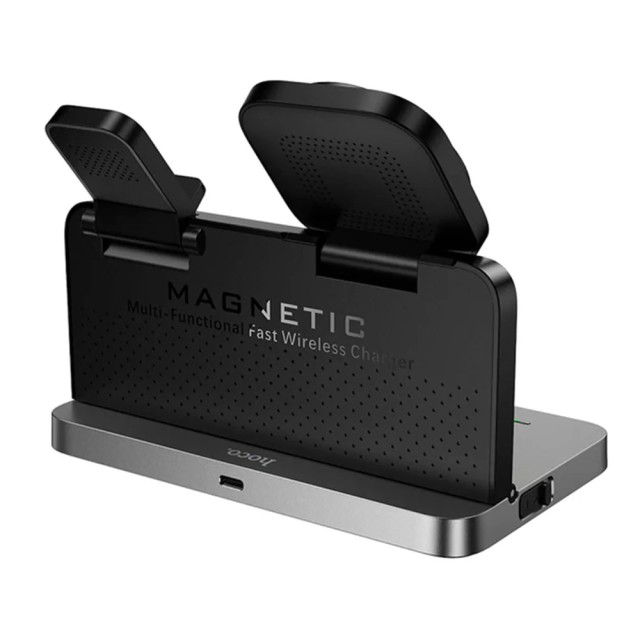 Ασύρματος Φορτιστής Hoco DWQ03 4 in 1 Qi 15W για Smartphone Earbuds Smartwatch με Ψηφιακό Ρολόι και Ξυπνητήρι