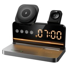 Ασύρματος Φορτιστής Hoco DWQ03 4 in 1 Qi 15W για Smartphone Earbuds Smartwatch με Ψηφιακό Ρολόι και Ξυπνητήρι