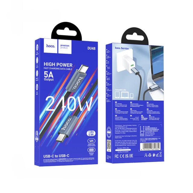 Καλώδιο Hoco DU48 Times USB-C σε USB-C 240W 5A High Power Fast Charging Braided Μαύρο 1.8m