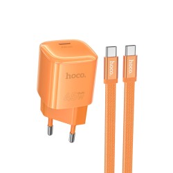 Φορτιστής Ταξιδίου Hoco. DC148 Ridge 1xUSB-C PD45W GaN QC με Καλώδιο USB-C σε USB-C 1.2m Braided Πορτοκαλί