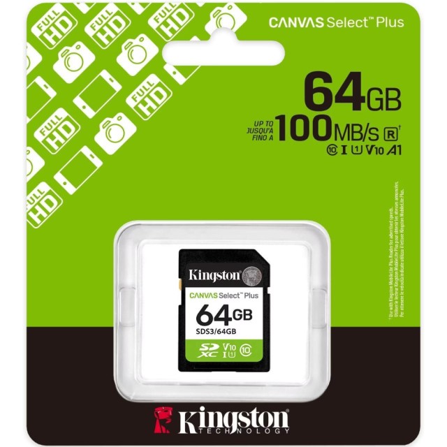 Κάρτα Μνήμης Kingston Canvas Select Plus+ SDXC 64GB Class 10 έως 150MB/s SDS3/64GB