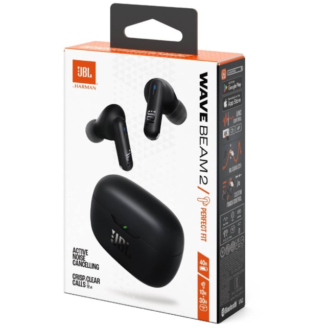 Wireless Hands Free JBL Wave Beam 2 Buds με Pure Bass ANC έως 40 Ώρες Λειτουργίας IP54 και Θήκη Φόρτισης Μαύρα