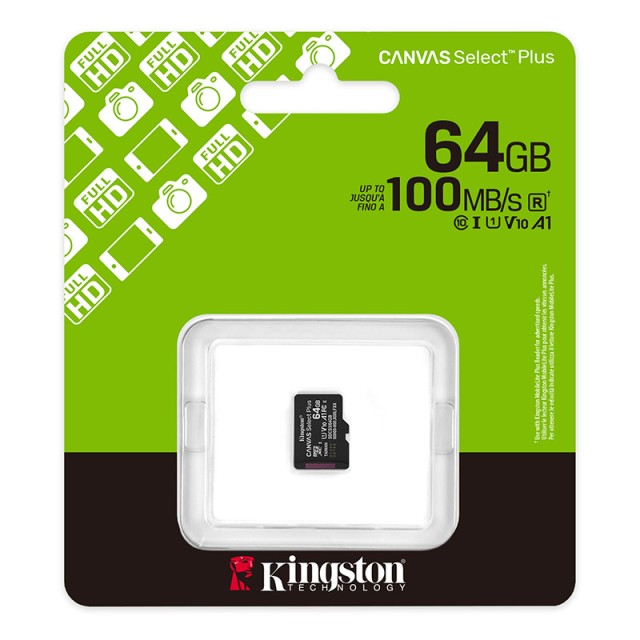 Κάρτα Μνήμης Kingston Canvas Select Plus+ MicroSDXC 64GB Class 10 έως 100MB/s SDCS3/64GBBSP
