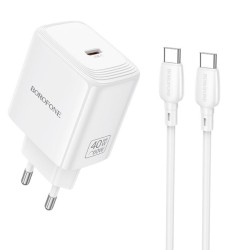 Φορτιστής Ταξιδίου Borofone BN33 Fuente GaN USB-C PD40W + Καλώδιο Φόρτισης USB-C σε USB-C Λευκός