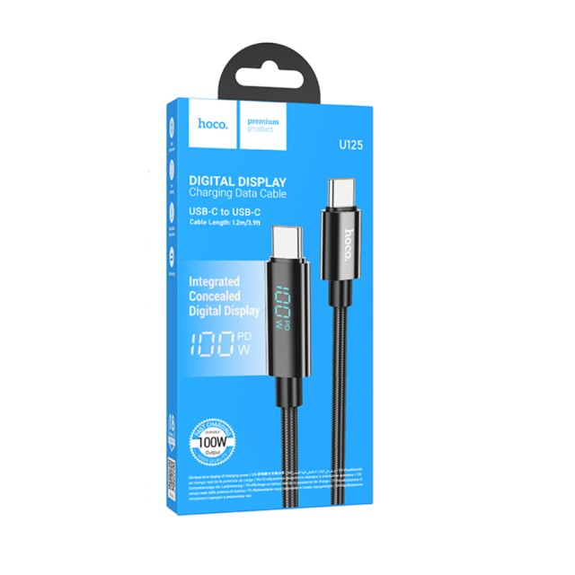 Καλώδιο Σύνδεσης Hoco U125 Benefit USB-C σε USB-C PD100W 3A για Γρήγορη Φόρτιση με Ένδειξη Φόρτισης Braided Μαύρο 1.2m