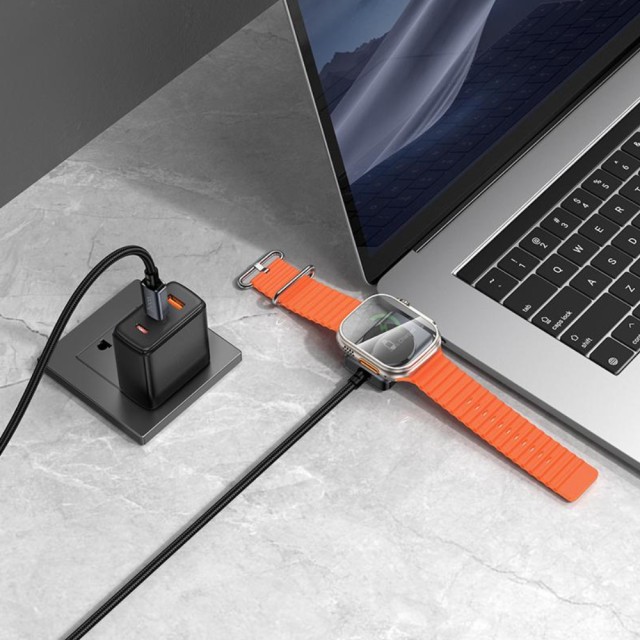 Καλώδιο Σύνδεσης 2 σε 1 Hoco CW66 USB-C σε USB-C PD100W 3A Γρήγορης Φόρτισης με Ασύρματο Φορτιστή Apple Watch 2.5W Braided Μαύρο 1.2m