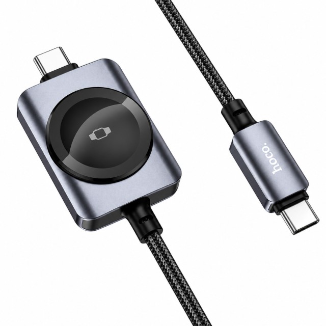 Καλώδιο Σύνδεσης 2 σε 1 Hoco CW66 USB-C σε USB-C PD100W 3A Γρήγορης Φόρτισης με Ασύρματο Φορτιστή Apple Watch 2.5W Braided Μαύρο 1.2m