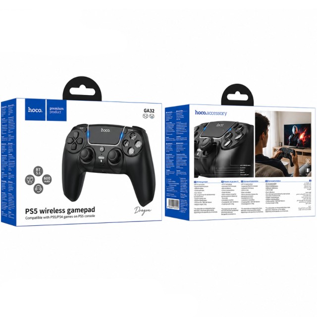 Gamepad Hoco GA32 Dragon RGB 600mAh BT v5.1 Dual Motor Δόνηση Θύρα AUX και Κουμπί Mute Συμβατό με PS5 Μαύρο