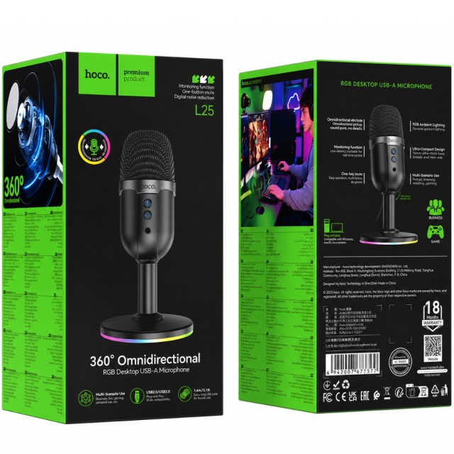 Επιτραπέζιο Μικρόφωνο Hoco L25 Bright για Streaming και Video Calls RGB USB AUX Πολυκατευθυντικό Μικρόφωνο Κουμπία Mute και Monitor Μαύρο