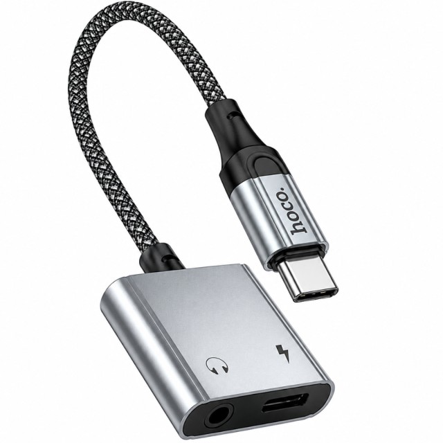 Αντάπτορας Hoco UPA34 USB-C σε USB-C και 3.5mm Braided Γκρί