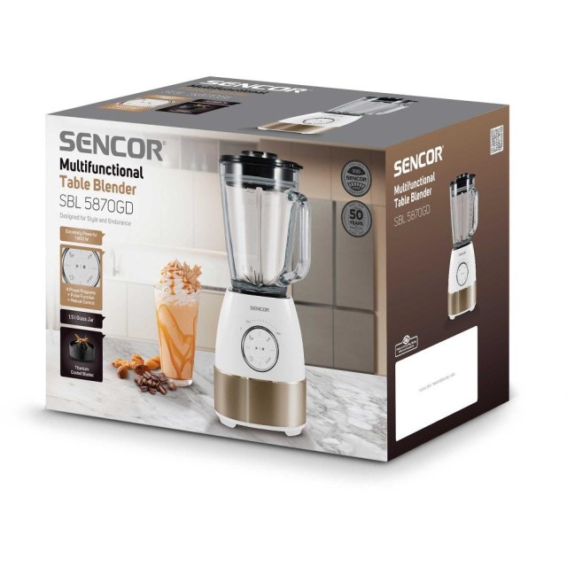 Μπλέντερ Sencor SBL 5870GD 1.5lt 1800W με Λεπίδες Τιτανίου 4 Προγράμματα Λειτουργίας και Επιλογέα Ταχύτητας Λευκό Χρυσό Μπλέντερ Sencor SBL 5870GD 1.5lt 1800W με Λεπίδες Τιτανίου 4 Προγράμματα Λειτουργίας και Επιλογέα Ταχύτητας Λευκό Χρυσό