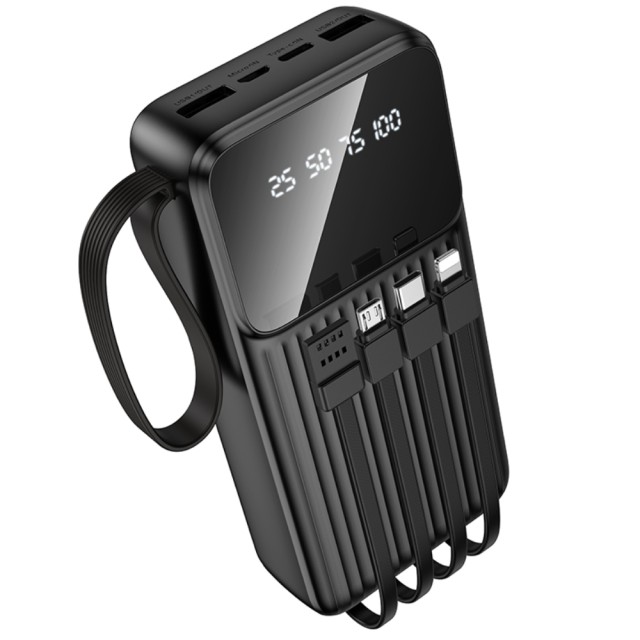 Power Bank Borofone BJ76A 20000mAh με 4 Καλώδια Φόρτισης και 4 Θύρες USB-C USB-A Lightning Micro-USB και LED Ένδειξη Μπαταρίας Μαύρο