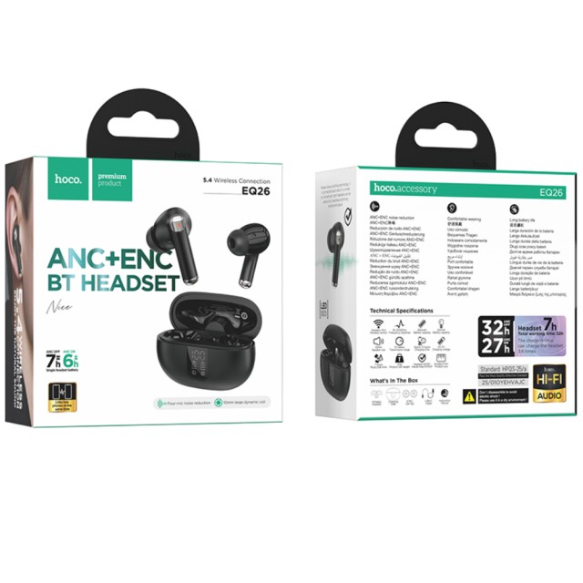 Wireless Hands Free Hoco EQ26 Nice ANC+ENC v5.4 300mAh 7 Ώρες Λειτουργίας Εναλλαγή Master / Slave Συμβατά με Siri Μαύρα