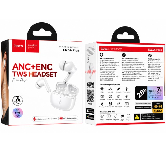 Wireless Hands Free Hoco EQ34 Plus Rima ANC+ENC v5.4 300mAh 7 Ώρες Λειτουργίας Λευκά