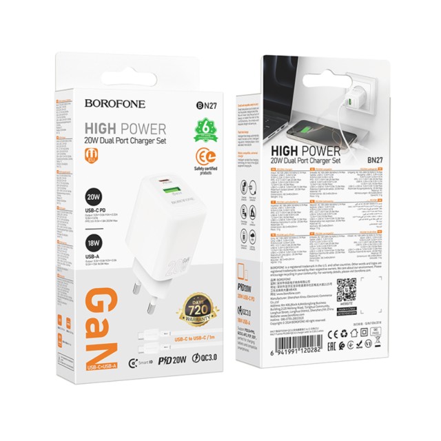 Φορτιστής Ταξιδίου Borofone BN27 Fuente GaN με 1xUSB-C PD20W 1xUSB-A QC3.0A και Καλώδιο USB-C σε USB-C Λευκός